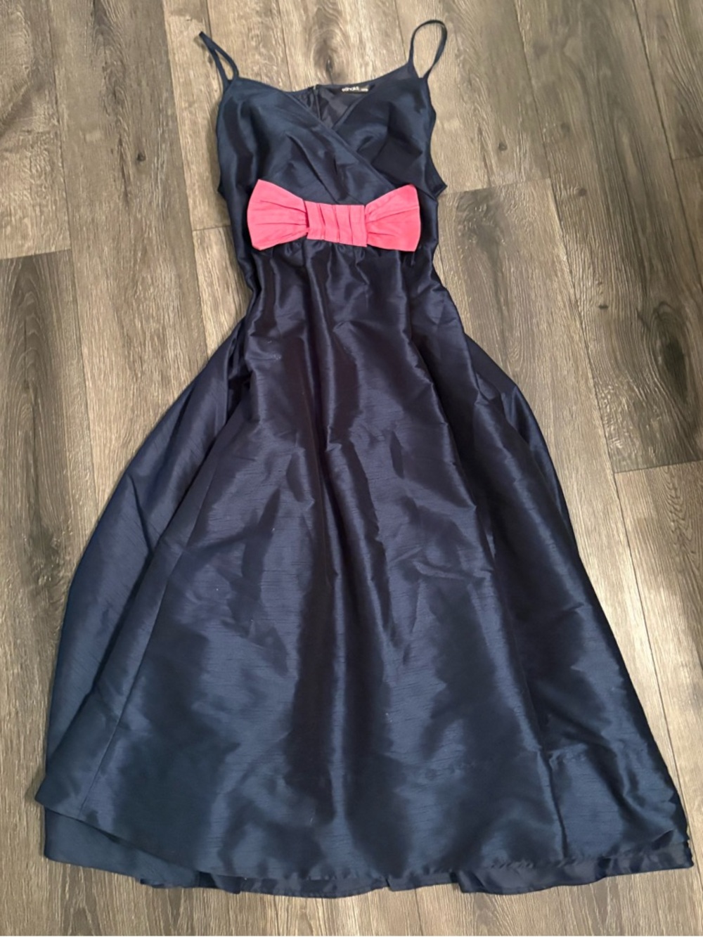 Navy taffeta gown with Pink Bow